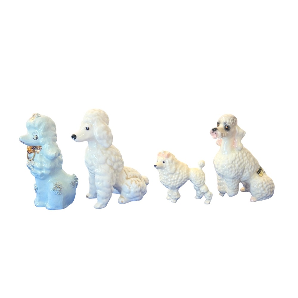 Vintage Ceramic Poodle Figurines Set of 4 Mid Century Spaghetti Blue White Dogs